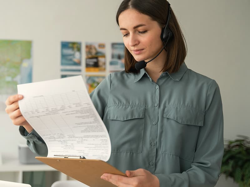 Operatoare cu căști și microfon care verifică un document în timpul unui apel